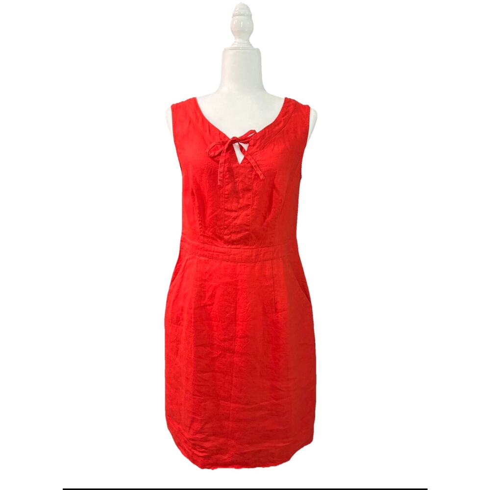 Boden Sheath Dress Womens US 4L Tall Orange Linen Knee Pockets Length Coastal